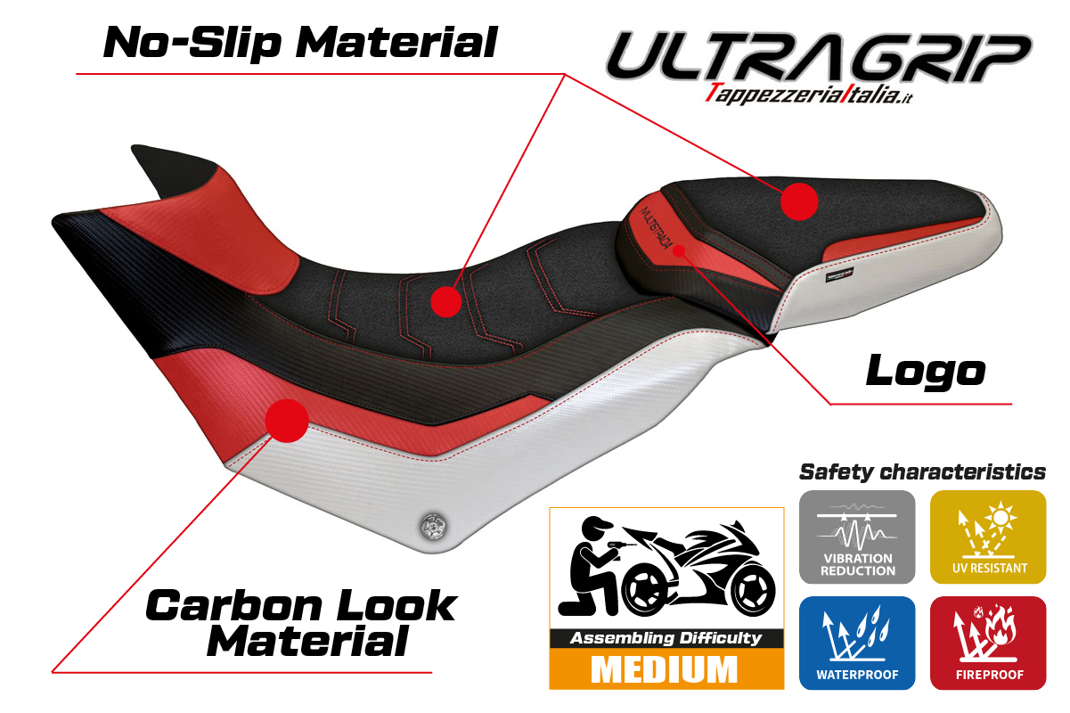 Funda de asiento Tappezzeria Italia TPZ Ultragrip para Ducati Multistrada 950 2017-2021 en rojo y blanco
