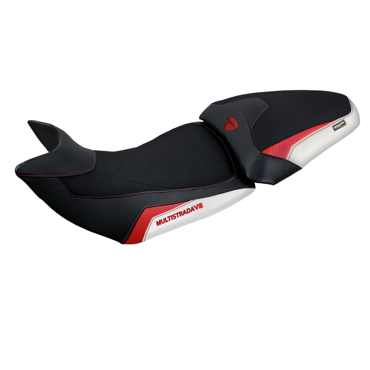 Funda de asiento Tappezzeria Italia TPZ para Ducati Multistrada V2 2021-2024 en blanco, rojo y negro