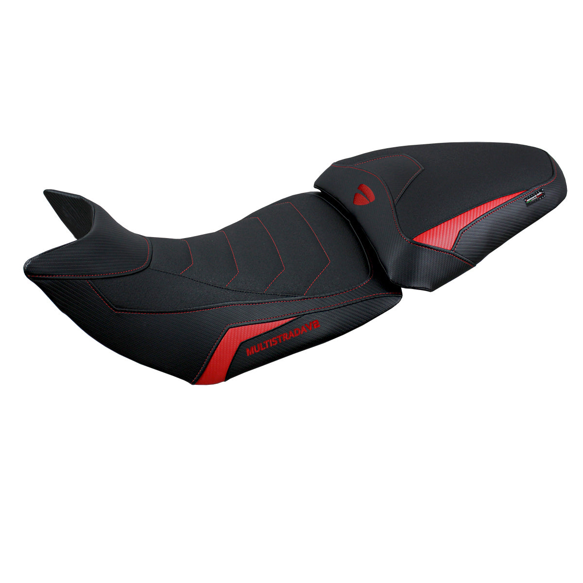 Funda de asiento Tappezzeria Italia TPZ Ultragrip para Ducati Multistrada V2 2021-2024 en rojo y negro