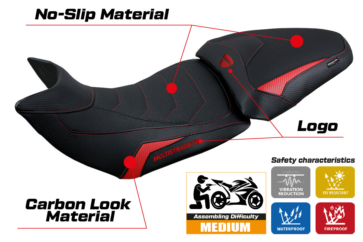 Funda de asiento Tappezzeria Italia TPZ Ultragrip para Ducati Multistrada V2 2021-2024 en rojo y negro