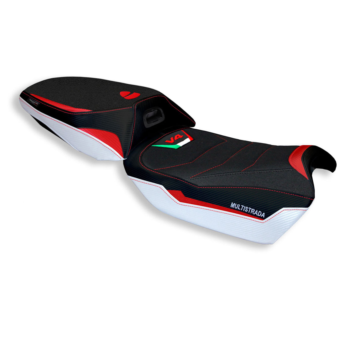 Funda de asiento Tappezzeria Italia TPZ Ultragrip para Ducati Multistrada V4 2021-2025 en blanco y rojo