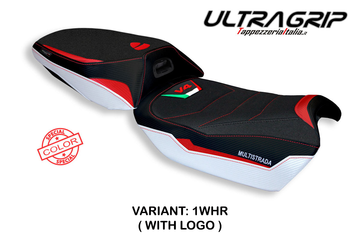 Funda de asiento Tappezzeria Italia TPZ Ultragrip para Ducati Multistrada V4 2021-2025 en blanco y rojo