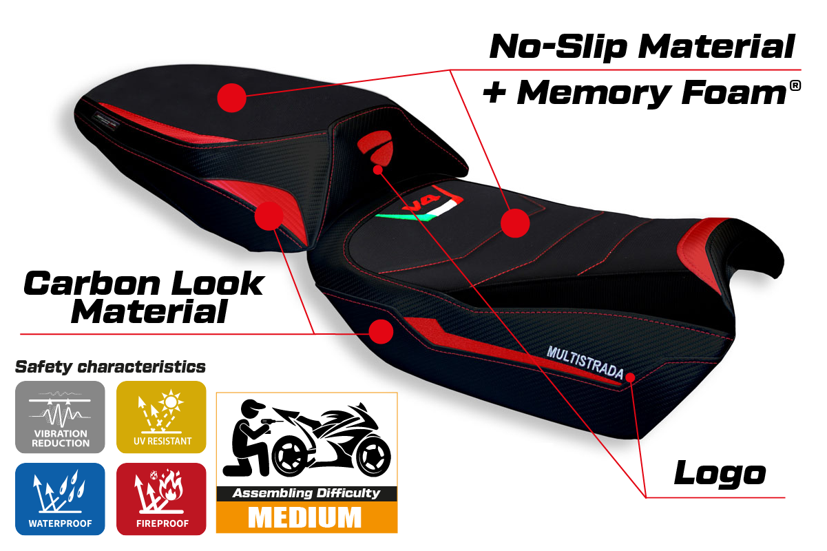 Funda de asiento para Ducati Multistrada V4 V4S 2021-2025 Tappezzeria Italia TPZ Comfort en rojo y negro