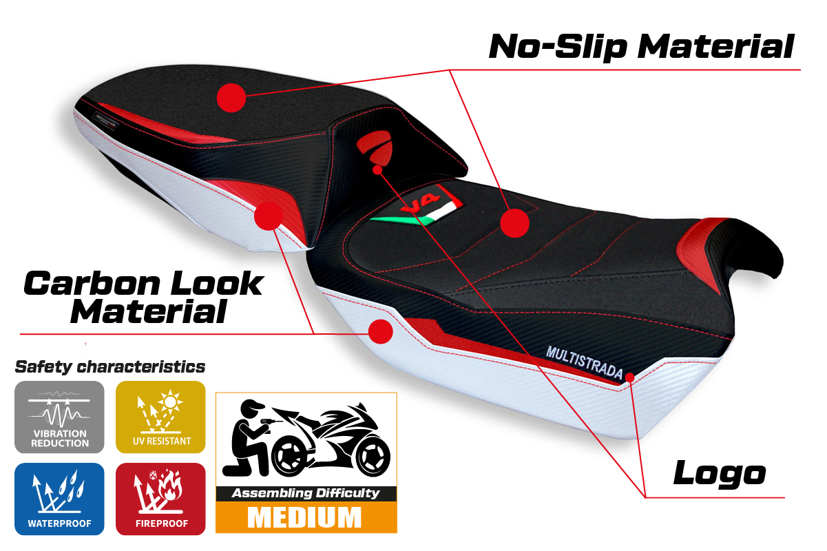 Funda de asiento para Ducati Multistrada V4 V4S 2021-2025 Tappezzeria Italia TPZ Ultragrip en blanco y rojo