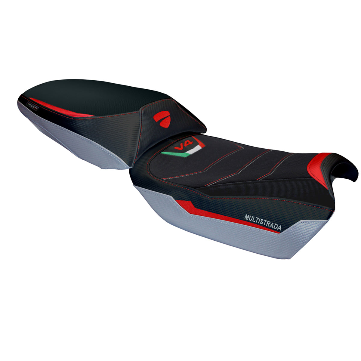 Funda de asiento Tappezzeria Italia TPZ Comfort para Ducati Multistrada V4 Rally 2023-2025 en rojo, plata y negro