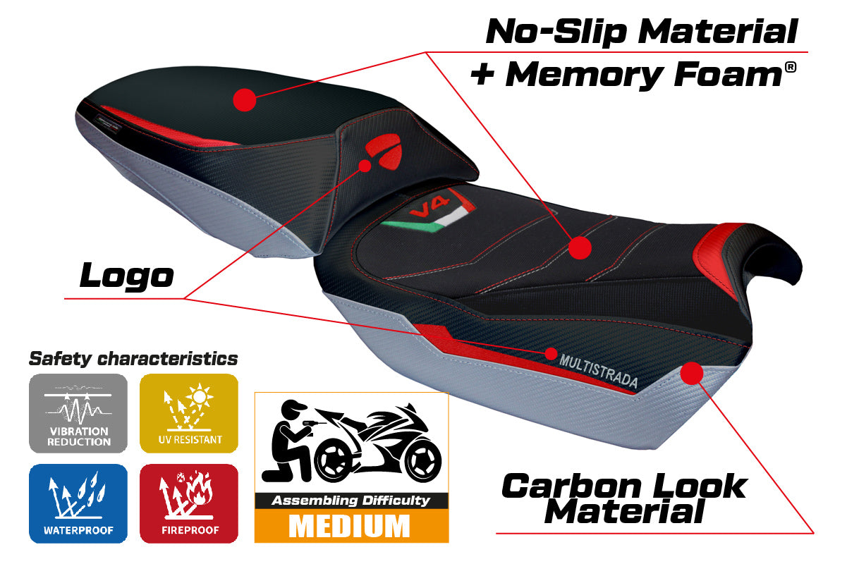 Funda de asiento Tappezzeria Italia TPZ Comfort para Ducati Multistrada V4 Rally 2023-2025 en rojo, plata y negro