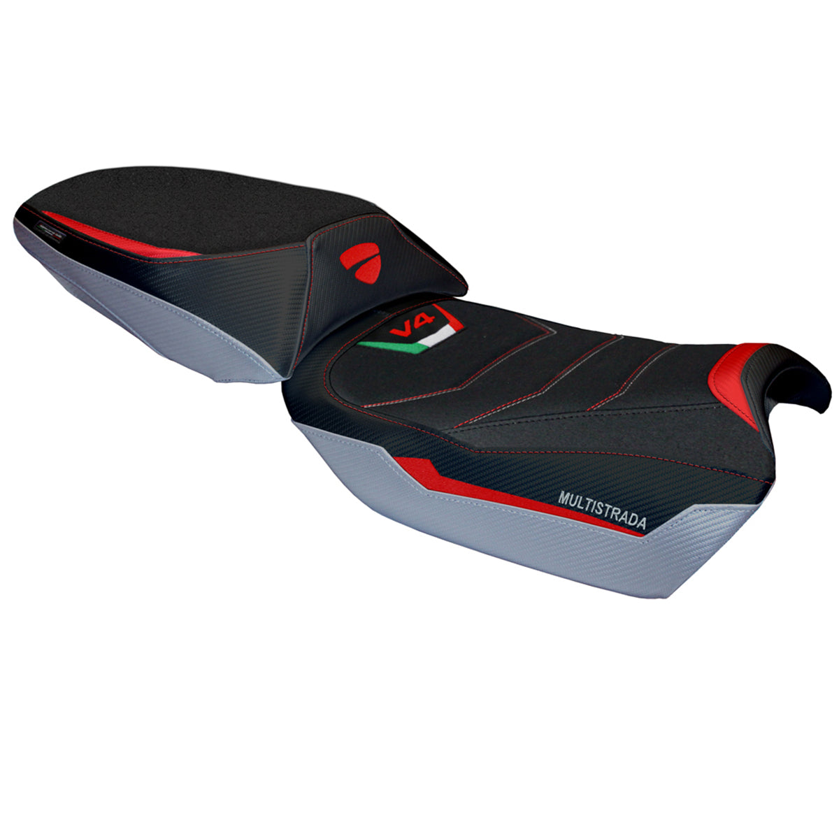 Funda de asiento para Ducati Multistrada V4 Rally 2023-2025 Tappezzeria Italia TPZ Ultragrip en rojo y plata