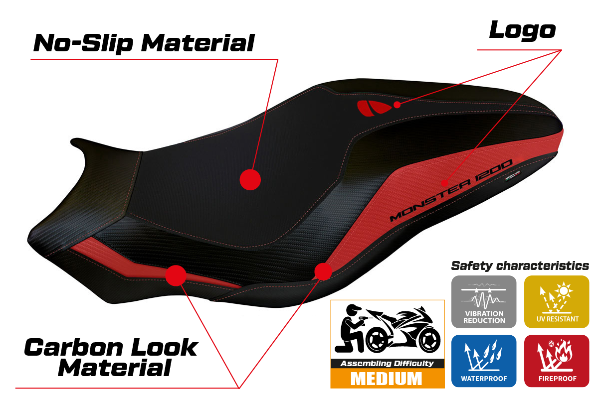 Funda de asiento Tappezzeria Italia TPZ para Ducati Monster 821 1200 2017-2020 en rojo y negro