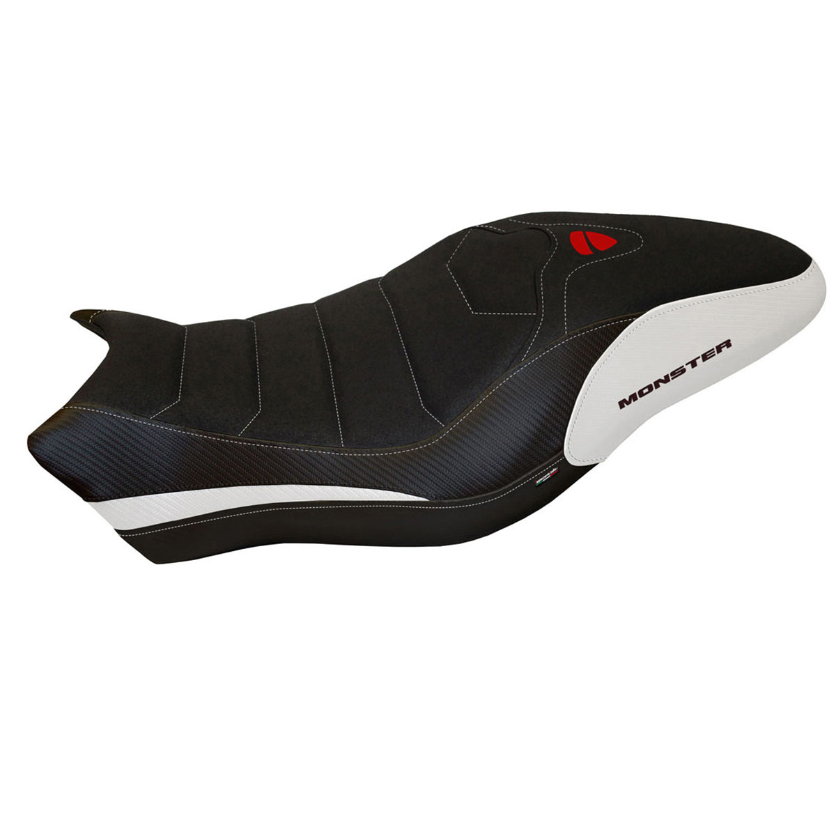 Funda de asiento Tappezzeria Italia TPZ Ultragrip para Ducati Monster 821 1200 2017-2020 en blanco y negro