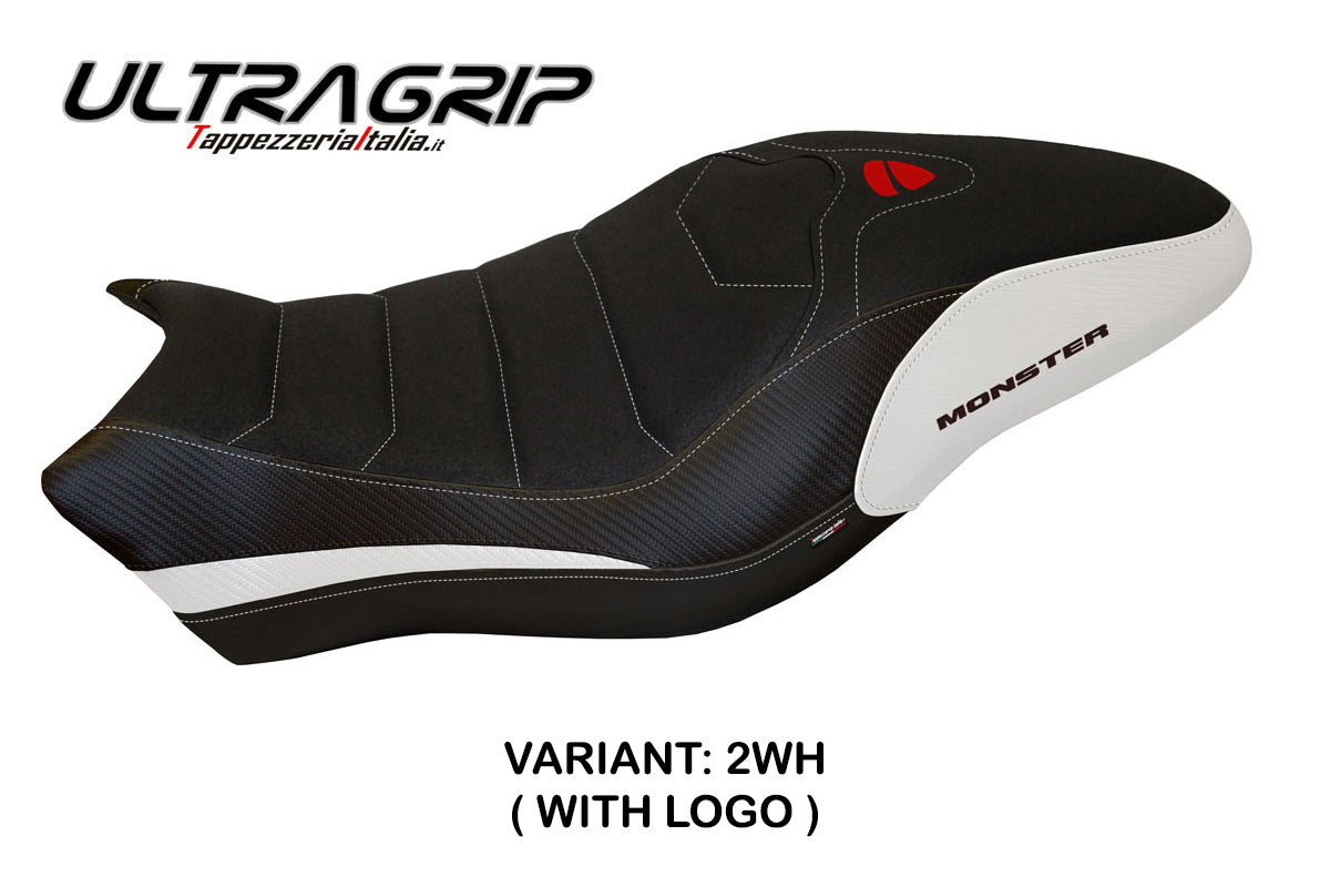 Funda de asiento Tappezzeria Italia TPZ Ultragrip para Ducati Monster 821 1200 2017-2020 en blanco y negro