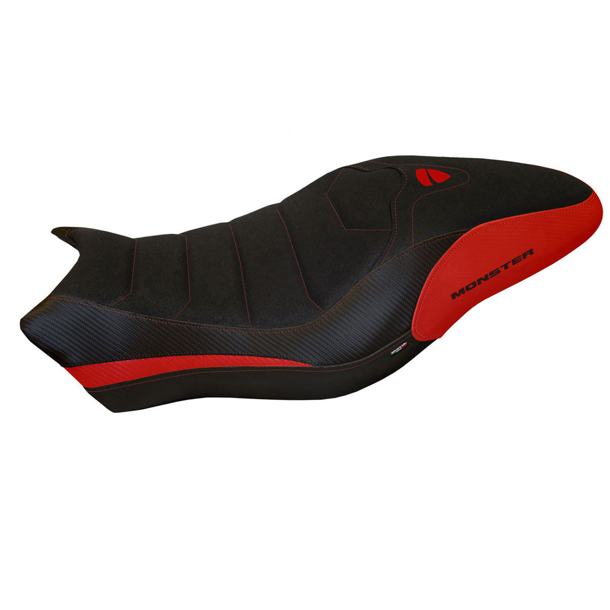 Funda de asiento Tappezzeria Italia TPZ Ultragrip para Ducati Monster 821 1200 2017-2020 en rojo y negro
