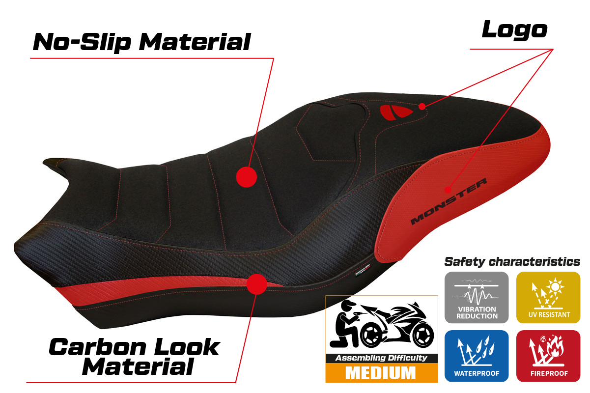 Funda de asiento Tappezzeria Italia TPZ Ultragrip para Ducati Monster 821 1200 2017-2020 en rojo y negro