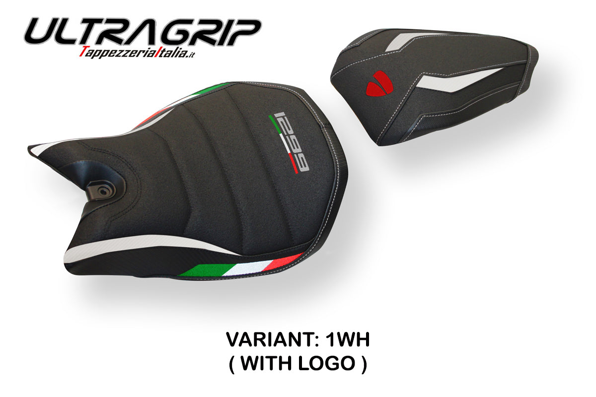 Funda de asiento Tappezzeria Italia TPZ Ultragrip para Ducati Panigale 1299 2015-2018 en blanco y negro
