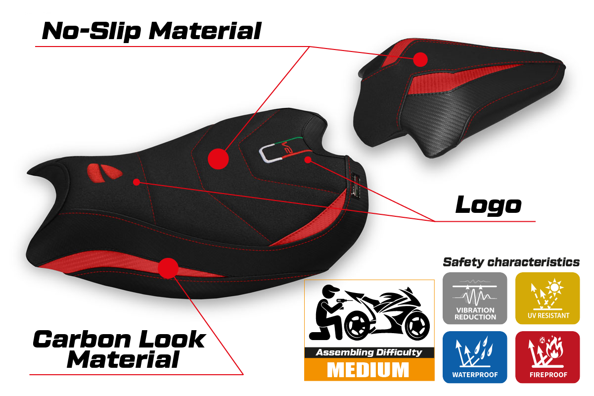 Funda de asiento Tappezzeria Italia TPZ Ultragrip para Ducati Panigale V2 2020-2024 en rojo y negro