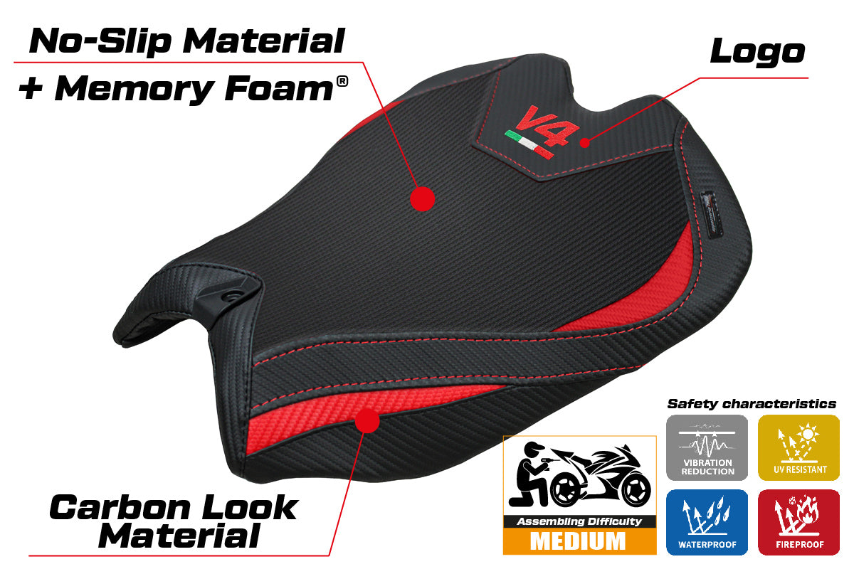 Ducati Panigale V4 2025 Seat Cover Tappezzeria Comfort Black Red V4 Logo