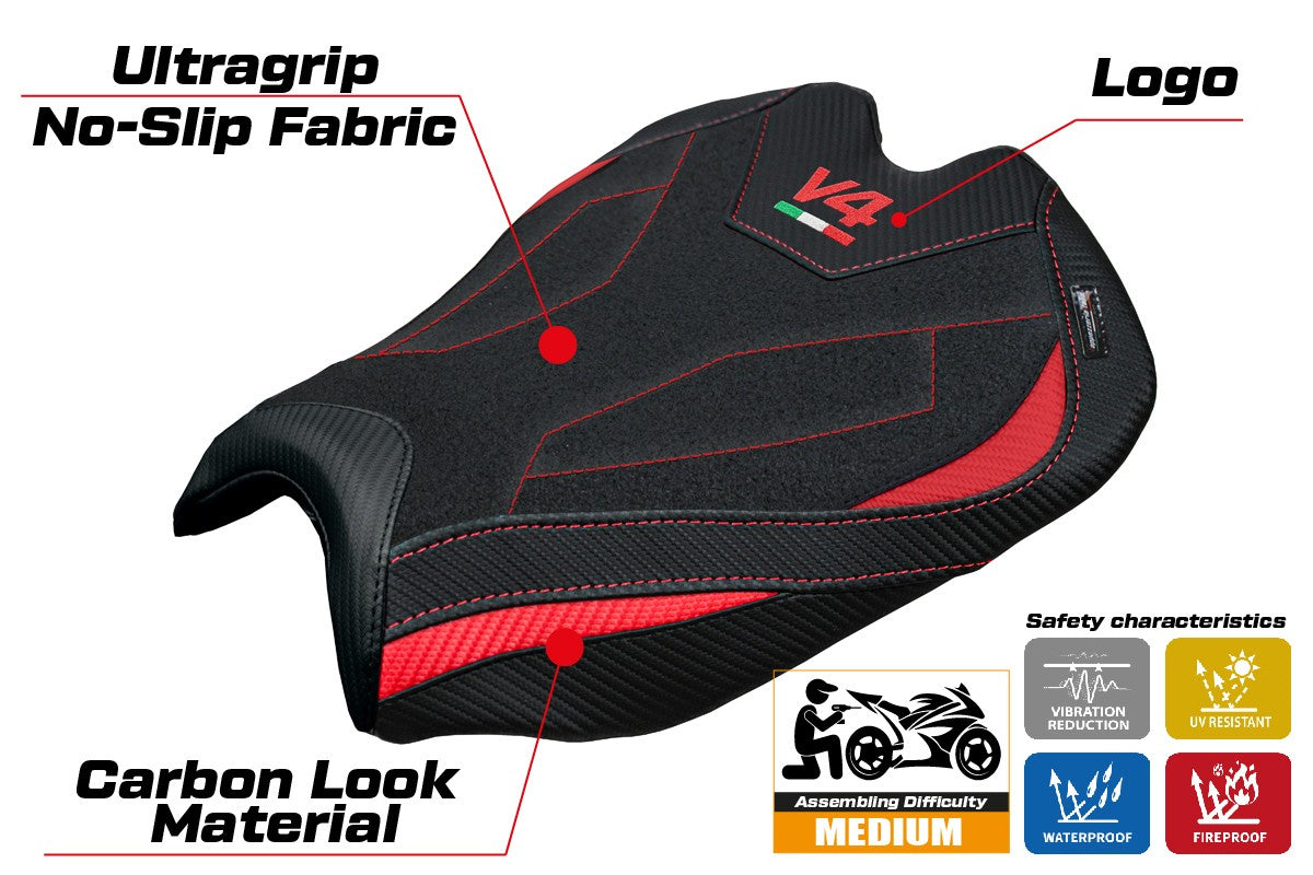 Funda de asiento para Ducati Streetfighter V4 2025 Tappezzeria Italia TPZ Ultragrip Rojo Negro Logo V4