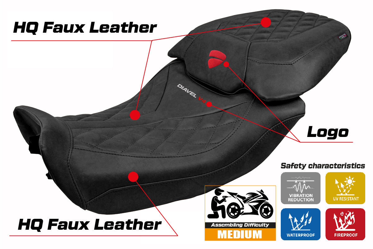 Funda de asiento Tappezzeria Italia TPZ para Ducati Diavel V4 2023-2025 en cuero Diablo Classic negro