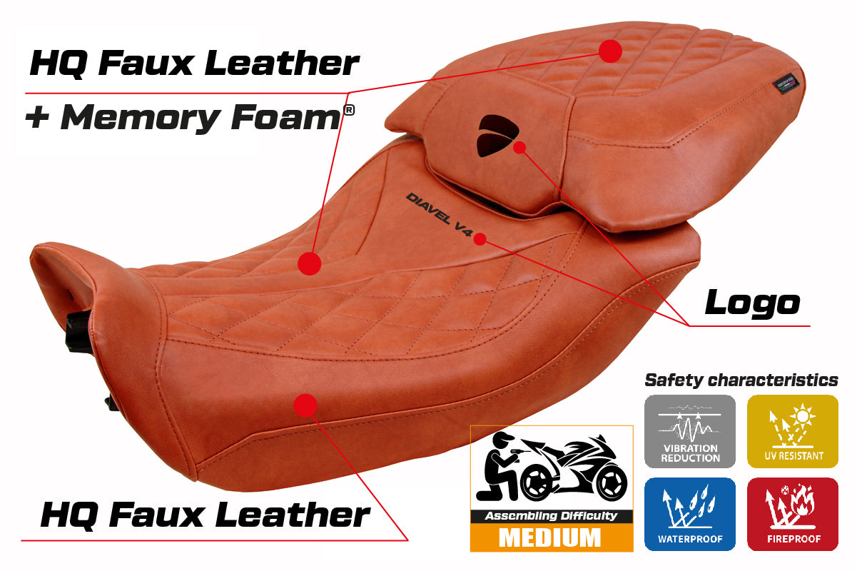 Funda de asiento para Ducati Diavel V4 2023-2025 Tappezzeria Italia TPZ Comfort Classic en piel color ladrillo