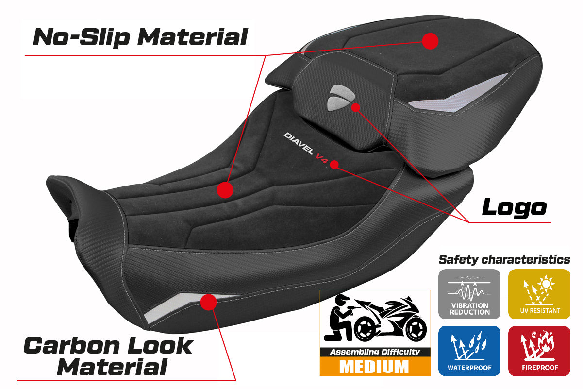 Funda de asiento Tappezzeria Italia TPZ para Ducati Diavel V4 2023-2025 en terciopelo Diablo plateado y negro