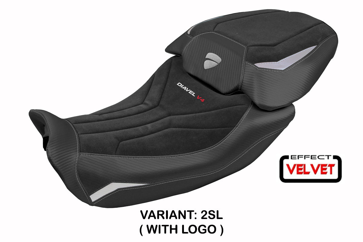 Funda de asiento Tappezzeria Italia TPZ para Ducati Diavel V4 2023-2025 en terciopelo Diablo plateado y negro