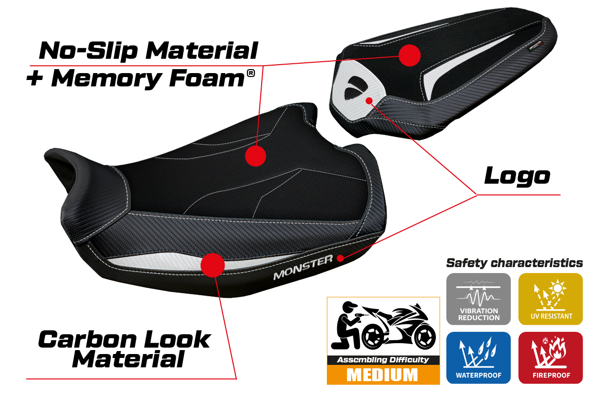 Funda de asiento Tappezzeria Italia TPZ Comfort para Ducati Monster 937 950 2021-2025 en blanco y negro