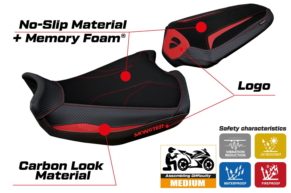 Funda de asiento Tappezzeria Italia TPZ Comfort para Ducati Monster 937 950 2021-2025 en rojo y negro