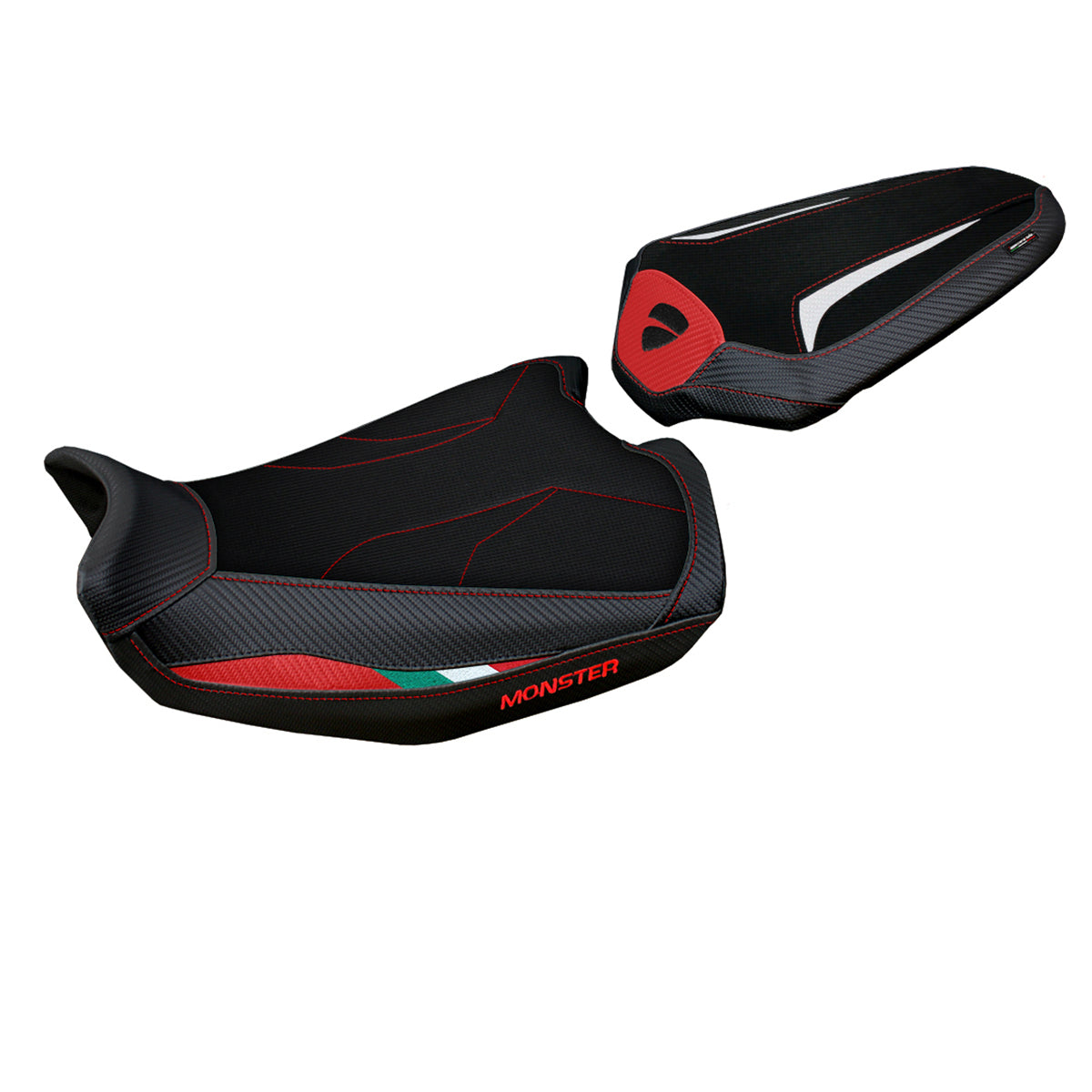 Funda de asiento Tappezzeria Italia TPZ Comfort para Ducati Monster 937 950 2021-2025 en rojo, blanco y negro