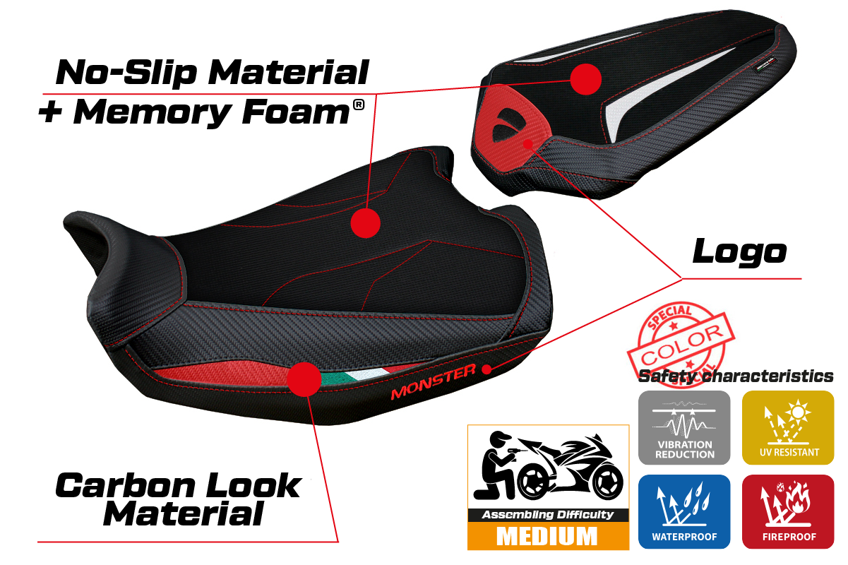 Funda de asiento Tappezzeria Italia TPZ Comfort para Ducati Monster 937 950 2021-2025 en rojo, blanco y negro