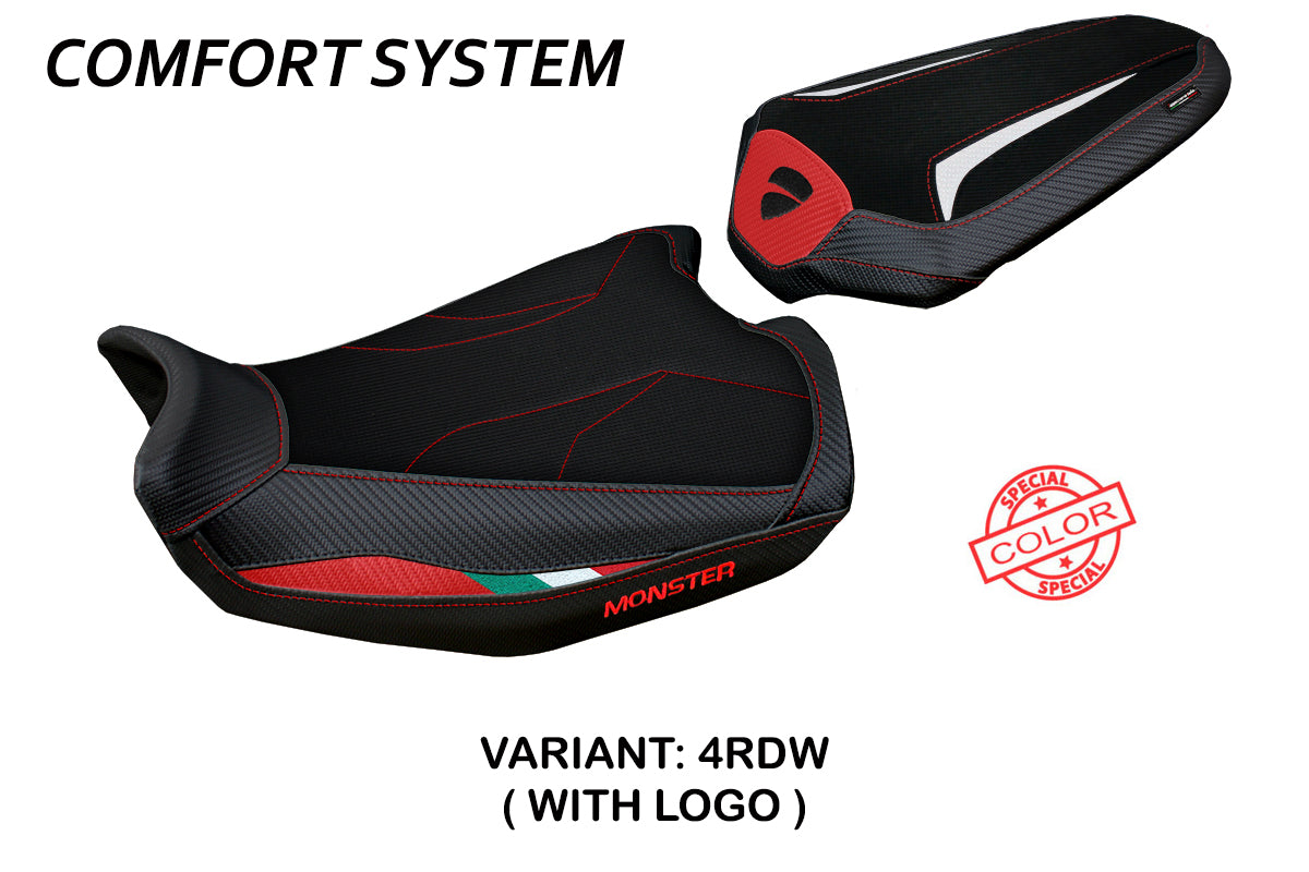 Funda de asiento Tappezzeria Italia TPZ Comfort para Ducati Monster 937 950 2021-2025 en rojo, blanco y negro