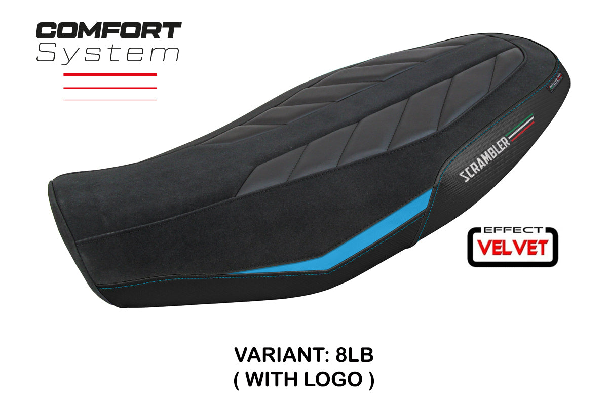 Ducati Scrambler 800 2023-2025 Seat Cover Tappezzeria Italia TPZ Comfort in Velvet Light Blue and Black