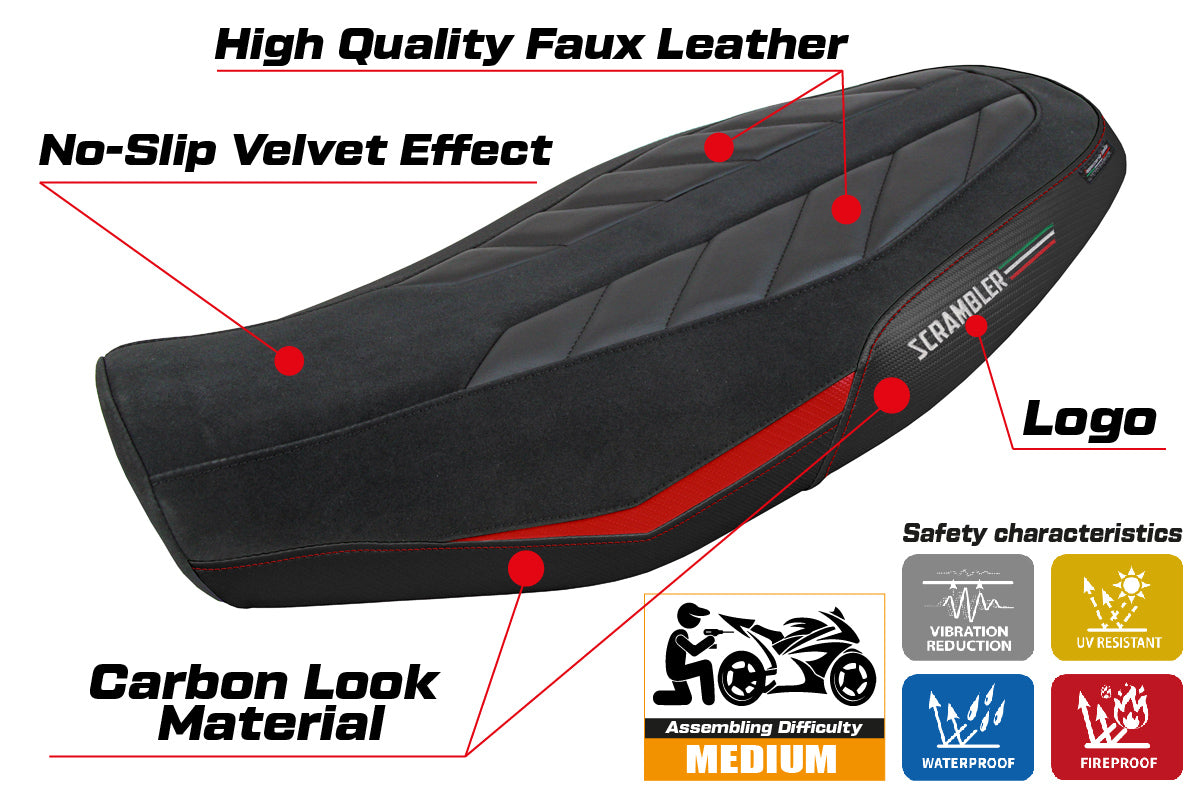 Ducati Scrambler 800 2023-2025 Seat Cover Tappezzeria Italia TPZ in Velvet Look Red and Black