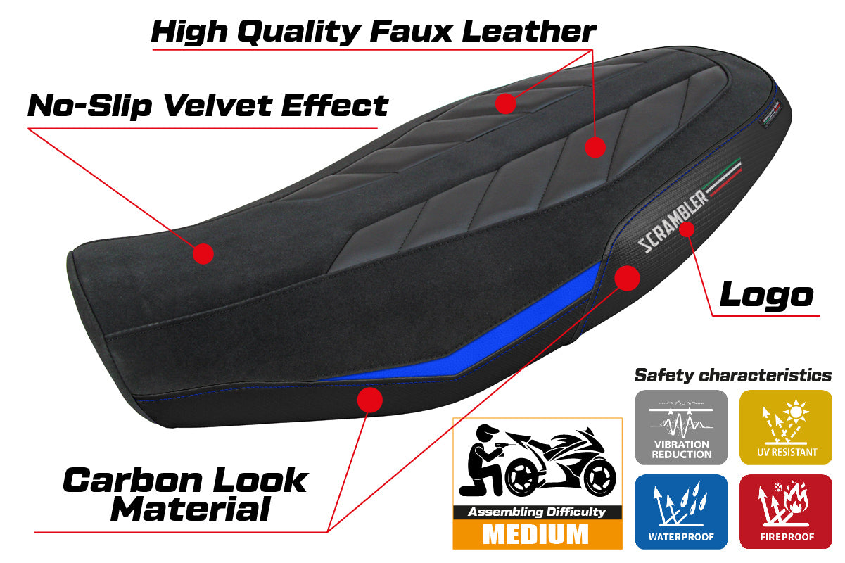 Ducati Scrambler 800 2023-2025 Seat Cover Tappezzeria Italia TPZ in Velvet Look Blue and Black