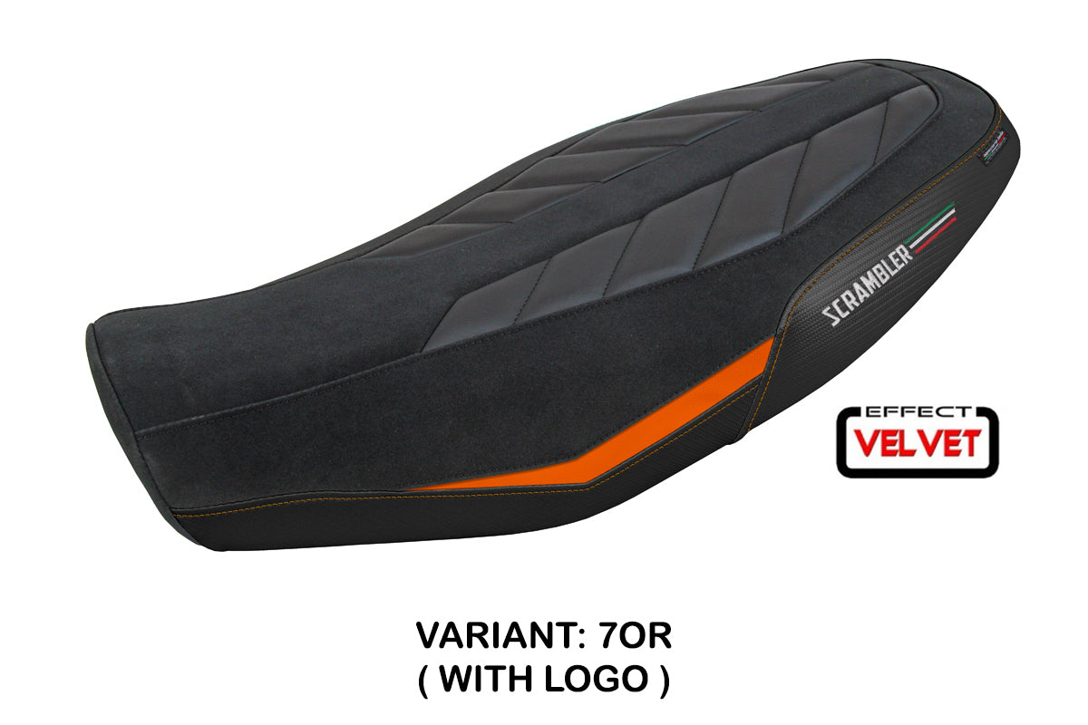 Funda de asiento Tappezzeria Italia TPZ para Ducati Scrambler 800 2023-2025 en terciopelo naranja y negro