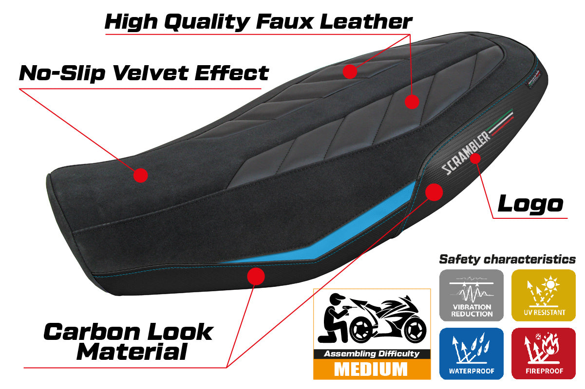 Funda de asiento Tappezzeria Italia TPZ para Ducati Scrambler 800 2023-2025 en terciopelo azul claro y negro