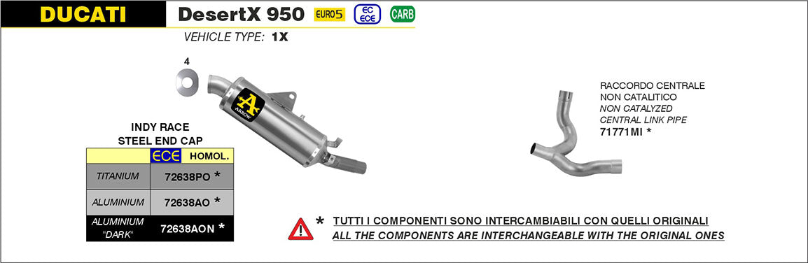 Escape deslizante Arrow Indy Race de aluminio para Ducati DesertX 950 2022-2024 72638AO