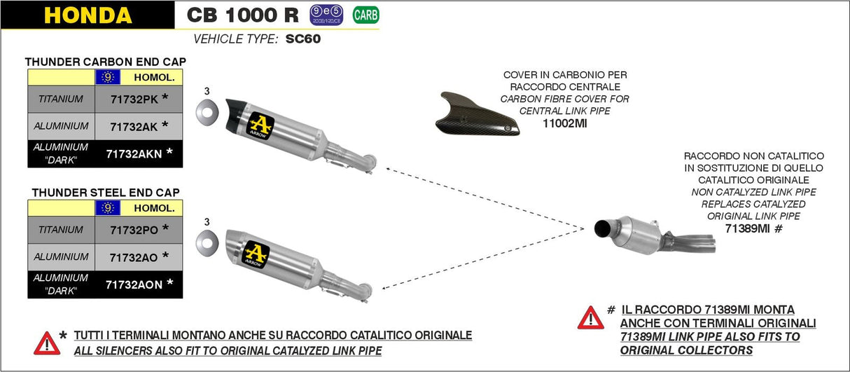 Tubo intermedio Arrow Honda CB1000R 08-17 de acero inoxidable 2:1 para colectores de serie, 71389 millas