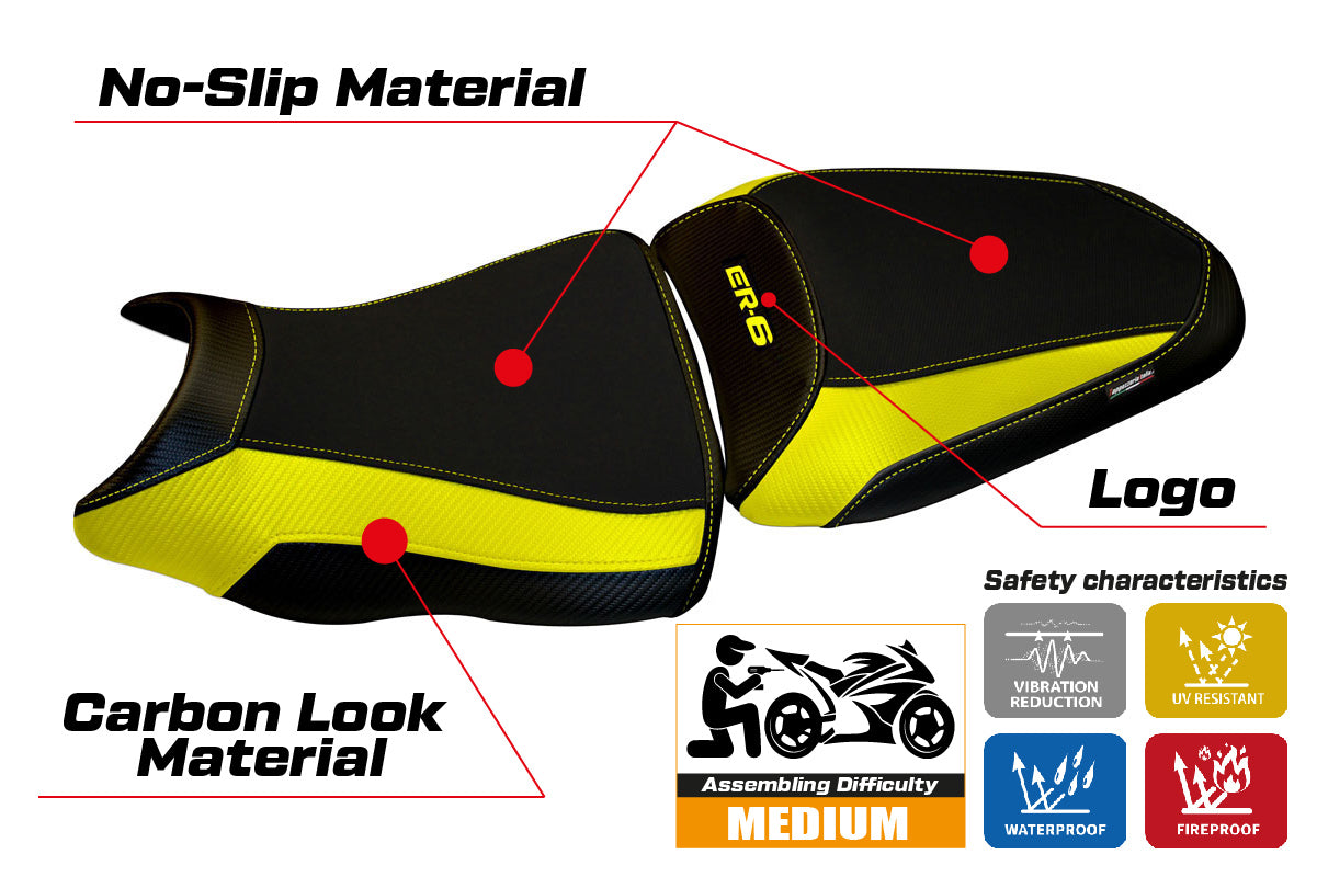 Funda de asiento Kawasaki ER-6N ER-6F 2012-2016 Tappezzeria Italia TPZ en amarillo y negro