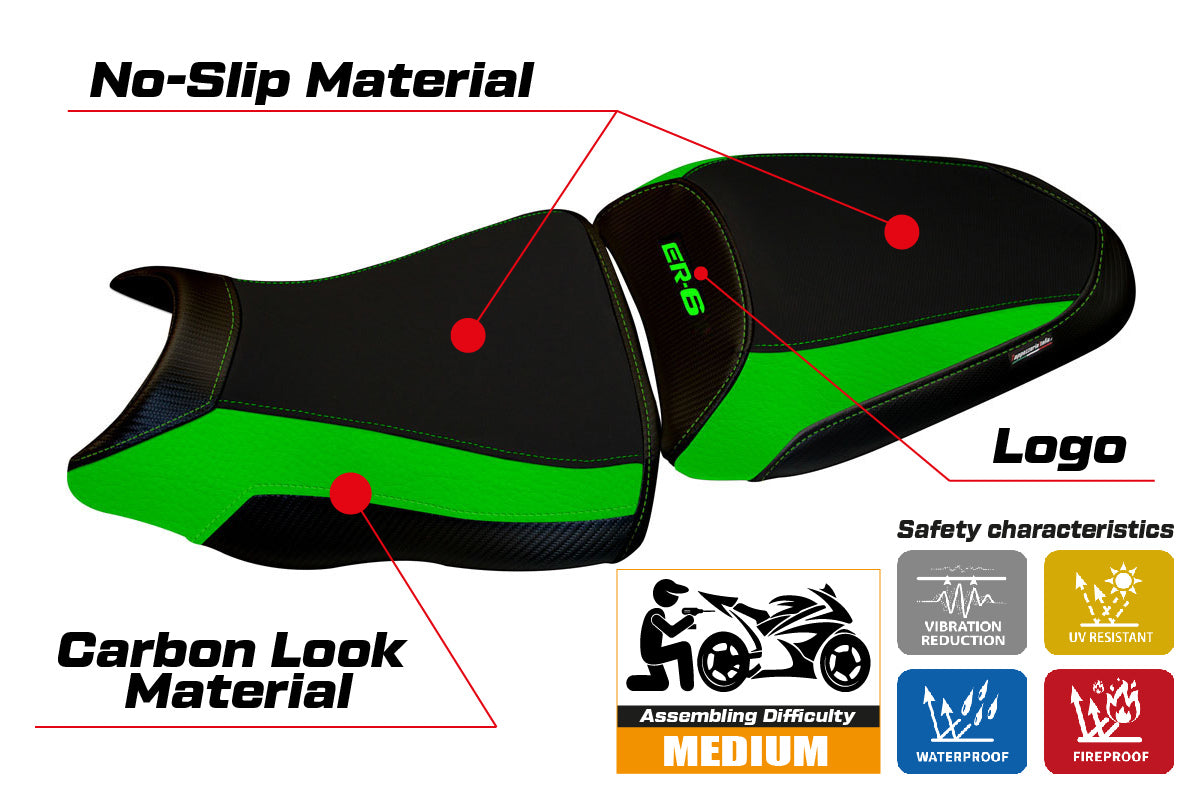 Funda de asiento Kawasaki ER-6N ER-6F 2012-2016 Tappezzeria Italia TPZ en verde y negro