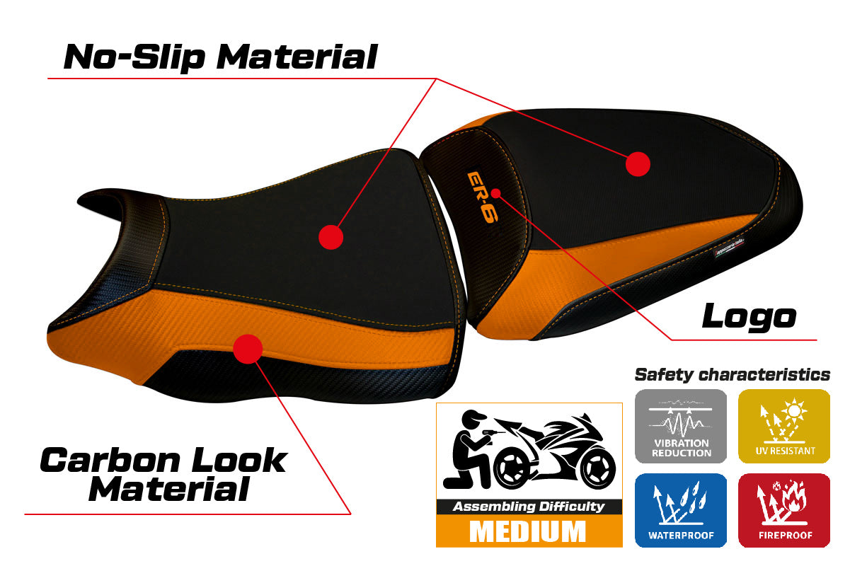 Funda de asiento Kawasaki ER-6N ER-6F 2012-2016 Tappezzeria Italia TPZ en naranja y negro