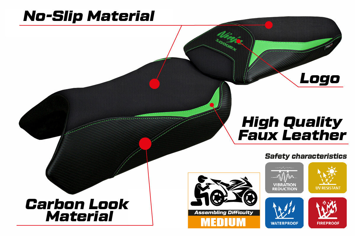 Funda de asiento Kawasaki Ninja 1000 / 1000 SX 2020-2024 Tappezzeria Italia TPZ en verde y negro