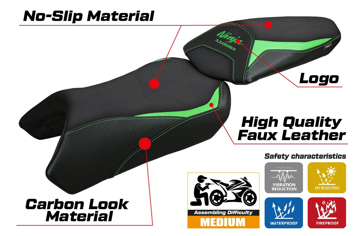 Funda de asiento Kawasaki Ninja 1100 SX 2025 Tappezzeria Italia TPZ Verde Negro