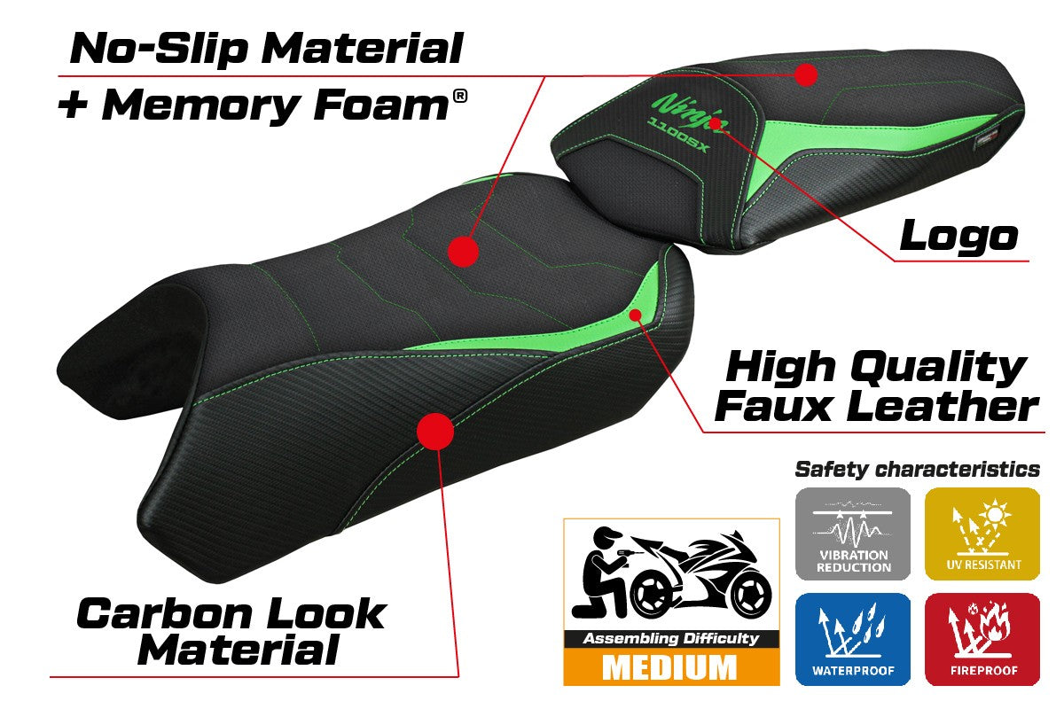 Funda de asiento Kawasaki Ninja 1100 SX 2025 Tappezzeria Italia TPZ Comfort Verde Negro