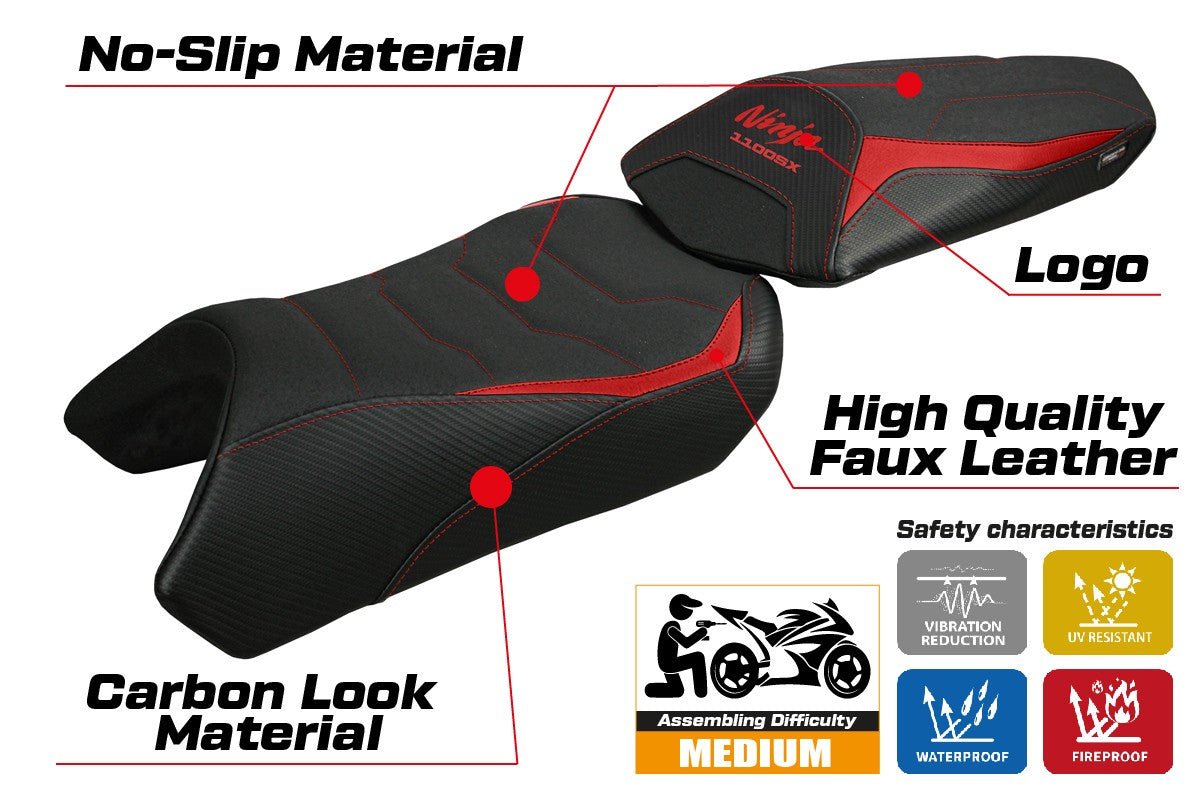 Funda de asiento Kawasaki Ninja 1100 SX 2025 Tappezzeria Italia TPZ Ultragrip Rojo Negro