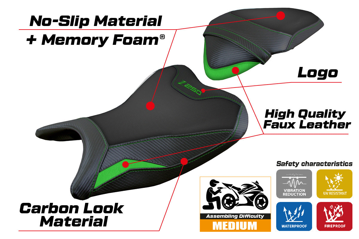 Kawasaki Z250 2019 2020 Seat Cover Tappezzeria Italia TPZ Comfort in Green and Black