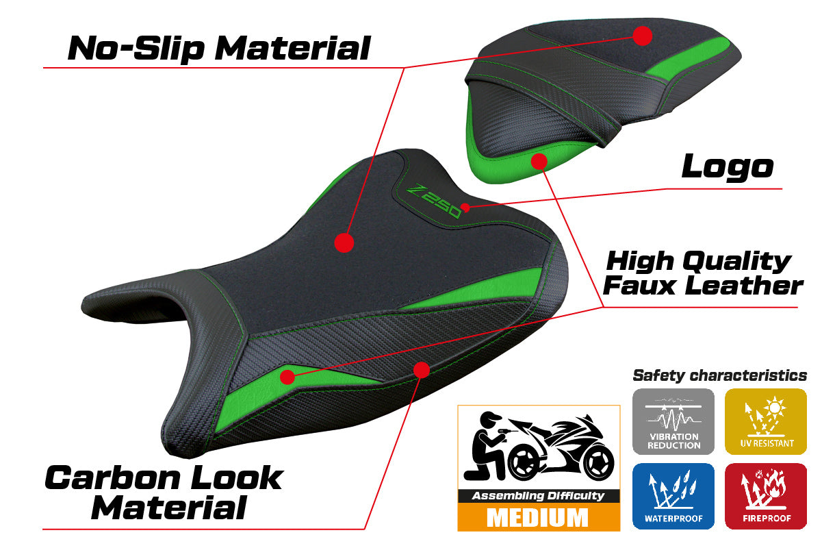 Kawasaki Z250 2019 2020 Seat Cover Tappezzeria Italia TPZ Ultragrip in Green and Black