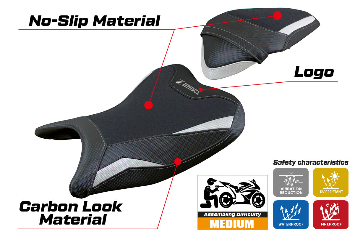 Funda de asiento Kawasaki Z250 2019-2020 Tappezzeria Italia TPZ Ultragrip en blanco y negro