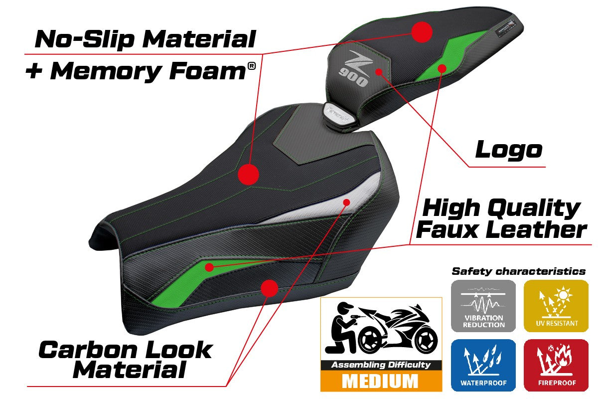 Funda de asiento Kawasaki Z900 2025 Tappezzeria Italia TPZ Comfort Verde Plata Negro