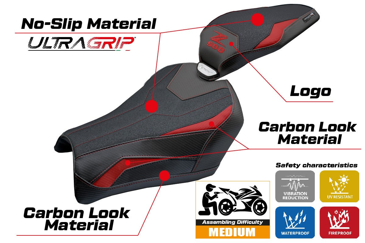 Funda de asiento Kawasaki Z900 2025 Tappezzeria Italia TPZ Ultragrip Rojo Negro