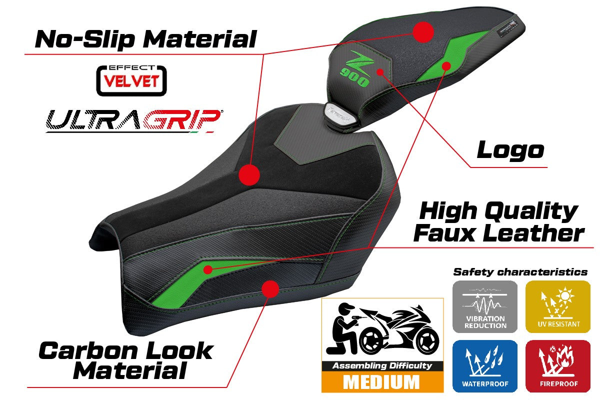 Funda de asiento Kawasaki Z900 2025 Tappezzeria Italia TPZ Velvet Ultragrip Verde Negro