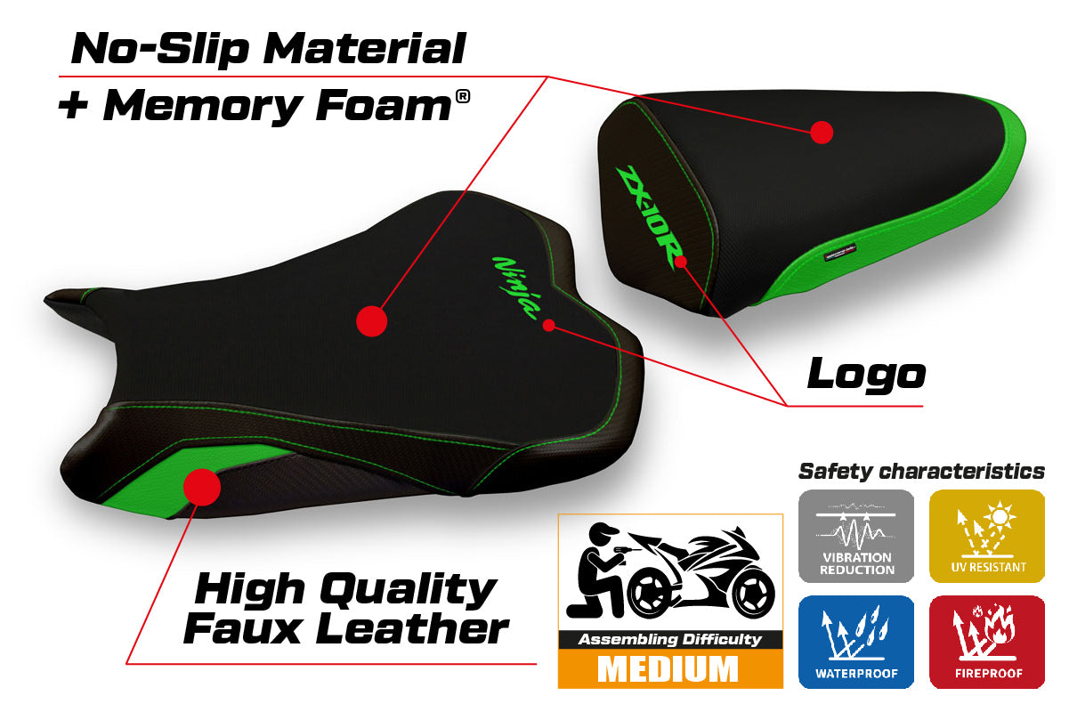 Kawasaki Ninja ZX10R 2008-2010 Seat Cover Tappezzeria Italia TPZ Comfort in Green and Black
